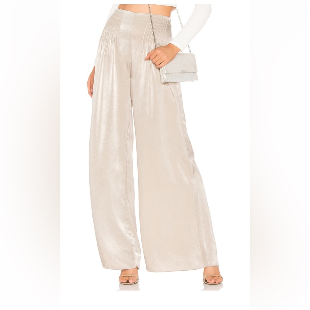 Pleated front wide leg silk pants